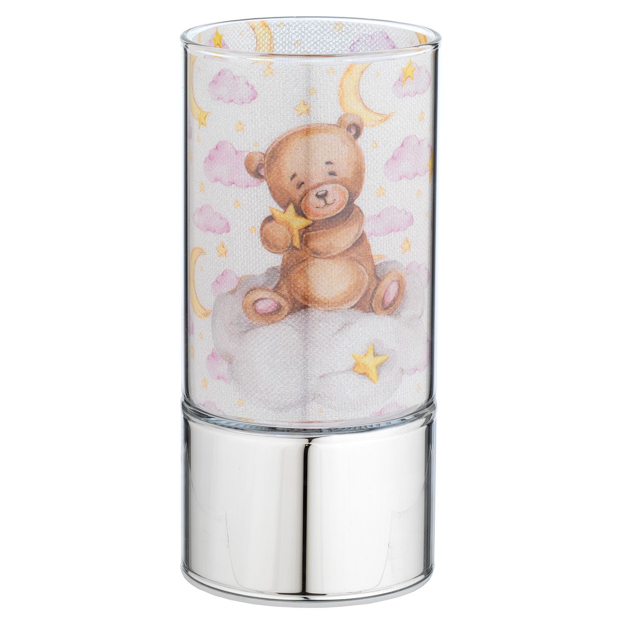 LAMPADA IN VETRO 7x15 CON DECORO ORSETTO SU NUVOLA ROSA
